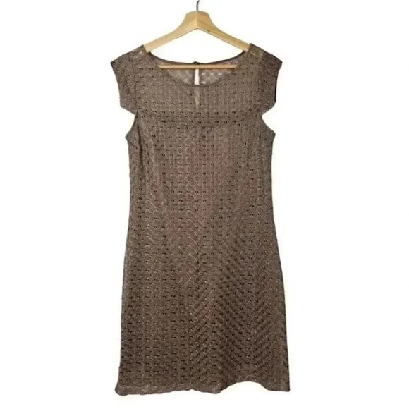 Jax Brown Metallic Crochet Lace Cap Sleeve Knee Length Dress 10 - Picture 2 of 6